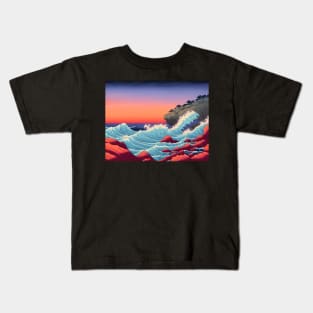Ukiyo-e Japanese Art - Waves Crashing Against a Rocky Coast at Sunset Kids T-Shirt